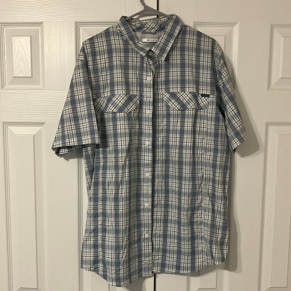 Light blue and white plaid light-weight button down short sleeve